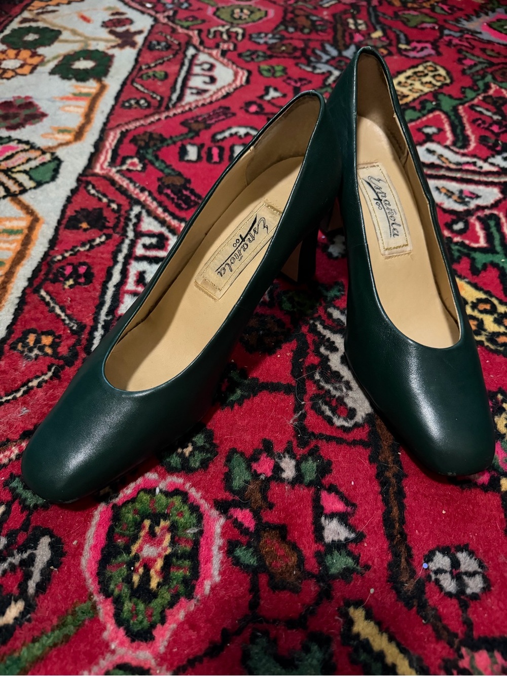 Vintage Y2K La Fenice Green Leather Square Toe Pumps 7.5 M Block Heel